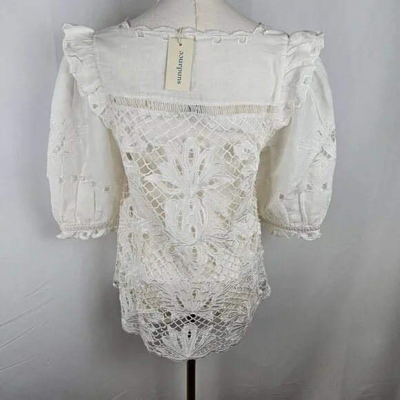 NWT Sundance ALTAI Blouse Small White Eyelet Lace Embroidered Boho Feminine SS - Picture 7 of 13